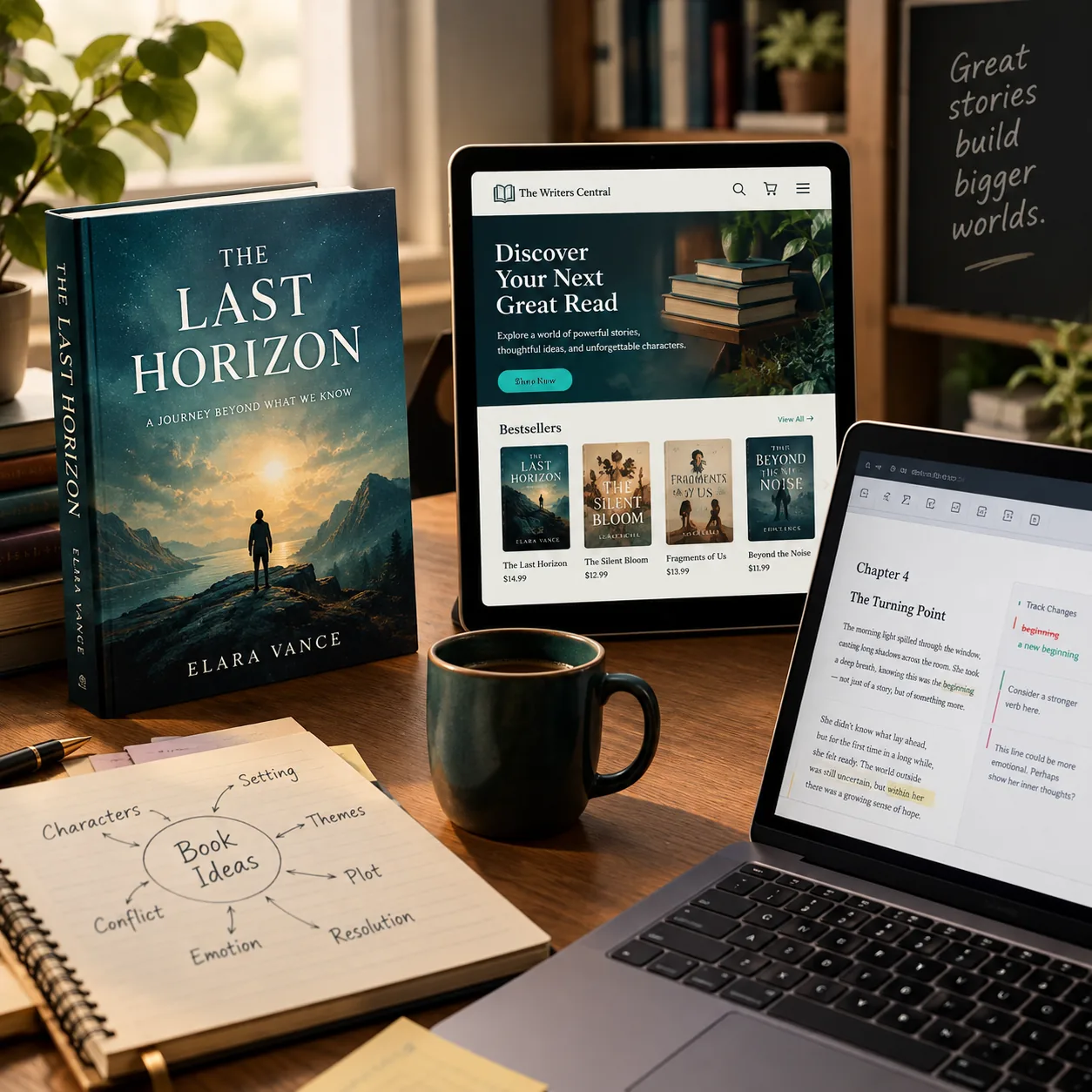 A hardback novel, a tablet showing the The Writers Central bookstore, a manuscript being edited on a laptop, and a notebook mapping out book ideas